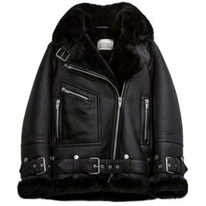 Moya Leather & Dyed Shearling Coat Large Black
